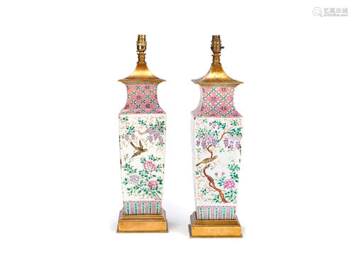 A pair of unusual gilt brass mounted 19th century Chinese famille rose porcelain vase lampbases