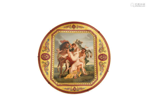 A late 19th century / early 20th century Vienna style porcelain plaque enamelled with a scene after Rubens depicting 'The Rape of the Sabine Women'