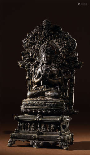 15世纪 铜鎏金高座四臂观音佛
