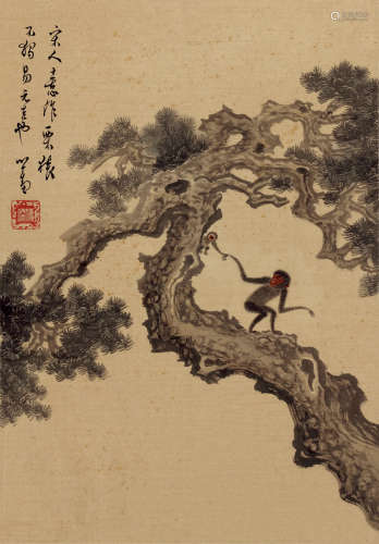 溥儒（1896～1963） 松猿图 镜芯 设色绢本