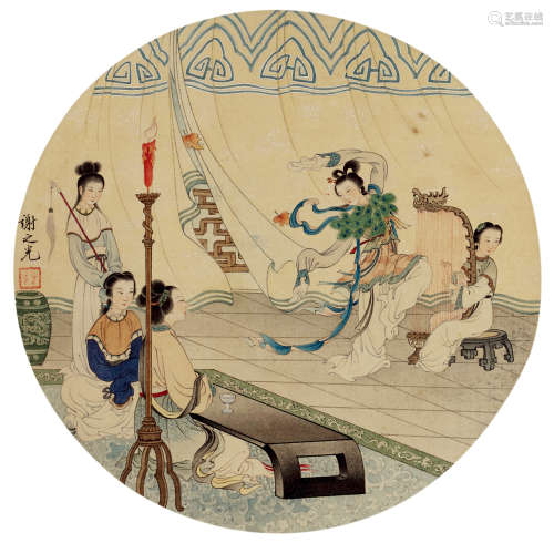 谢之光（1900～1976） 舞琴图 镜芯 设色绢本