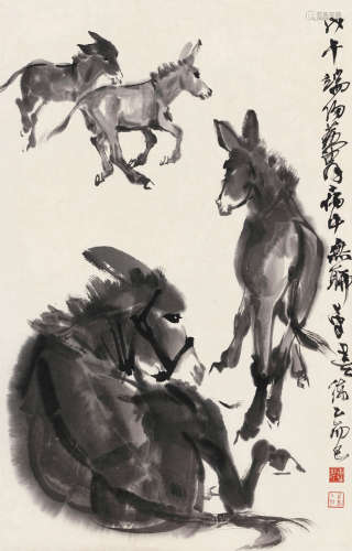 黄胄（1925～1997） 四驴图 立轴 水墨纸本