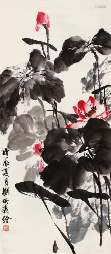 刘炳森（1937～2005） 红荷 立轴 设色纸本