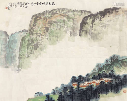 冯建吴（1910～1989） 青山村居图 镜芯 设色纸本