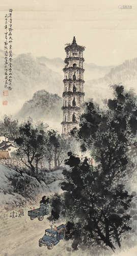 魏紫熙 宋文治（1915～2002） 海青寺古塔 立轴 设色纸本