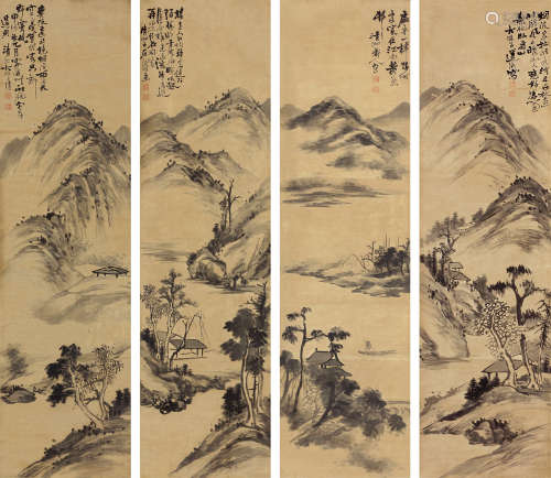 石涛（1642～1708） 山水 四屏立轴 设色纸本