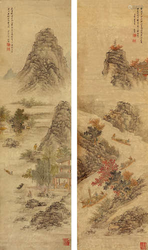 文徵明（1470～1559） 山水 对屏立轴 设色纸本