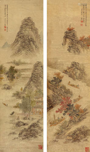 文徵明（1470～1559） 山水 对屏立轴 设色纸本