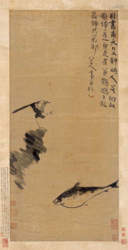 朱耷（1626～约1705） 鱼雀图 立轴 水墨绫本