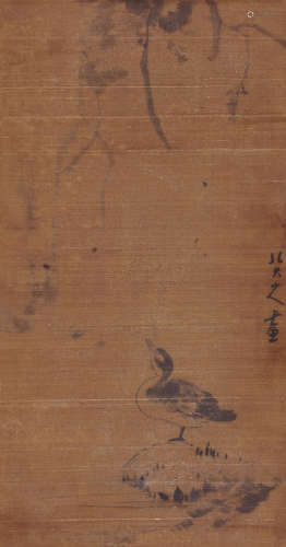 朱耷（1626～约1705） 鸭趣图 镜芯 水墨绢本
