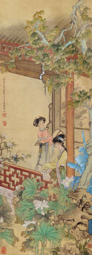 黄均（1914～2011） 赏荷图 立轴 设色绢本