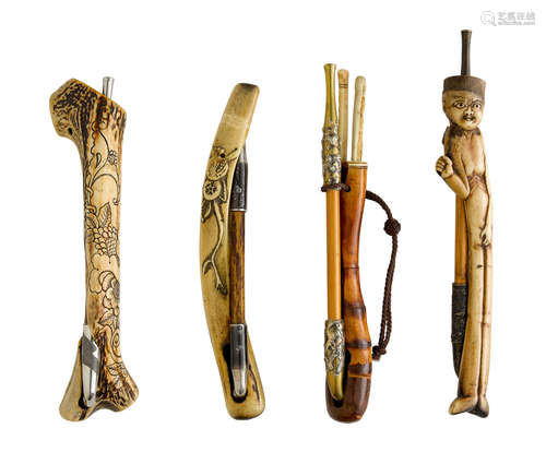 The first by Kanemitsu, Edo period (1615-1868), 19th century Three stag-horn kiseruzutsu (pipe cases) and a bamboo and stag-horn kiseruzutsu (pipe case) with kiseru (pipe)