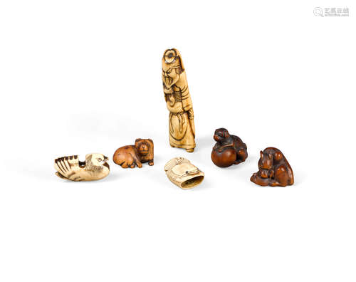 Edo period (1615-1868) or Meiji era (1868-1912), 19th/early 20th century Four stag-horn netsuke and three wood netsuke