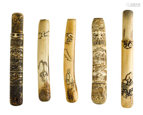 Edo period (1615-1868) or Meiji era (1868-1912), 19th/20th century Five stag-horn kiseruzutsu (pipe cases)