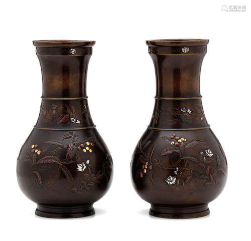 A pair of inlaid bronze vasesMeiji era (1868-1912), late 19th century Yoshida Yasubei (active circa 1880)