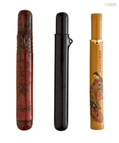 The first by Kano Tessai (1845-1925), the second by Tokoku, Meiji (1868-1912) or Taisho (1912-1926) era, 19th/20th century A bamboo kiseruzutsu (pipe case) and two lacquer kiseruzutsu (pipe cases)