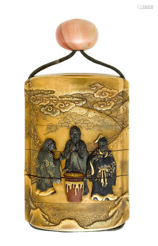 A five-case metal-inlaid lacquer inroEdo period (1615-1868), 19th century Baitokusai Bairin (active 19th century)