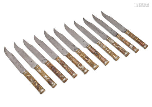 Meiji (1868-1912) or Taisho (1912-1926) era, late 19th/ early 20th century A set of 11 table knives and a set of six silver and gilt spoons