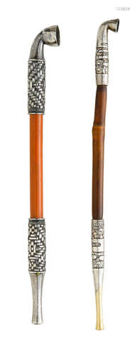 Meiji (1868-1912) or Taisho (1912-1926) era, early 20th century Two silver and bamboo kiseru (pipes)