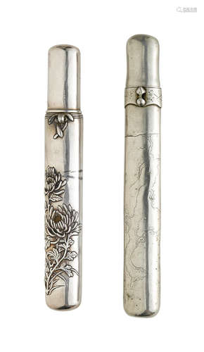 Meiji era (1868-1912), late 19th century A silver kiseruzutsu (pipe case) and a silver and copper kiseruzutsu (pipe case)