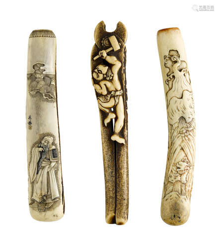 The first after Ozaki Kokusai, Edo period (1615-1868), 19th century A set of three stag-horn kiseruzutsu (pipe cases)