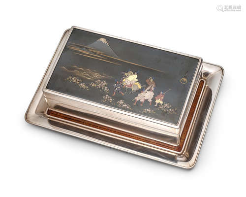 A silver and mixed-metal tobacco box and trayMeiji era (1868-1912), circa 1900 Hiroto for the Hattori Company (circa 1900)