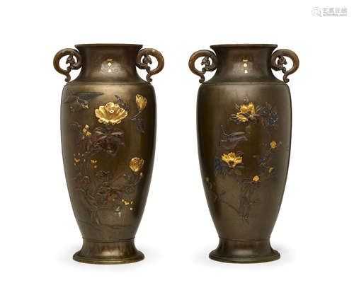 Meiji era (1868-1912), late 19th century A pair of inlaid bronze vases