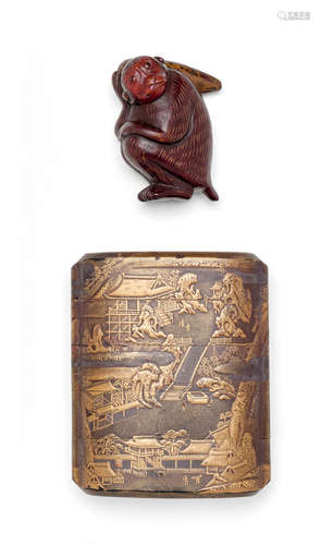 The inro by Chikanao, Edo period (1615-1868), 19th century, the netsuke Meiji (1868-1912) or Taisho (1912-1926) era, early 20th century A four-case lacquer inro and a lacquered wood netsuke