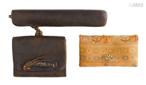 Edo period (1615-1868) or Meiji era (1868-1912) A leather tabako-ire (tobacco pouch) and kiseruzutsu (pipe case), and a brocade tabako-ire (tobacco pouch)