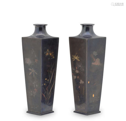 A pair of miniature mixed-metal vasesMeiji era (1868-1912), late 19th century NOGAWA COMPANY (CIRCA 1890)