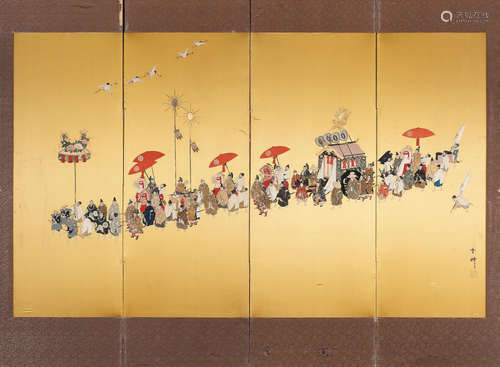 A four-panel ornamental padded-textile screenMeiji (1868-1912) or Taisho (1912-1926) era, late 19th/early 20th century Yukimine (active circa 1900)