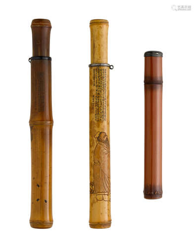 The first by Chikusen, the second by Yoshiyama, Edo period (1615-1868) or Meiji era (1912-1926), 19th/20th century Three bamboo kiseruzutsu (pipe cases)