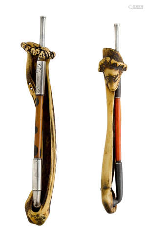 Meiji era (1868-1912), late 19th century Two stag-horn Kiseruzutsu (pipe cases) with kiseru (pipes)