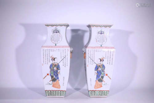 17-19 CENTURY, A PAIR OF FIGURE PATTERN FAMILLE ROSE SQUARE VASES, QING DYNASTY