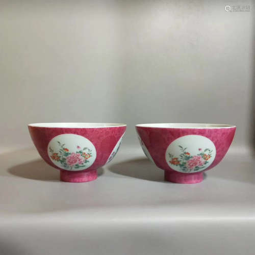 17-19TH CENTURY, A PAIR OF FLORAL&POETRY PATTERN RED GLAZED BOWLS, QING DYNASTY