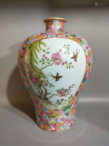 17-19TH CENTURY, A FLORAL&BIRD PATTERN PLUM VASE, QING DYNASTY