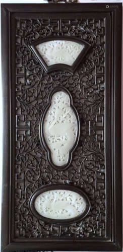 A PAIR OF ROSEWOOD PANEL WITH HETIAN JADE