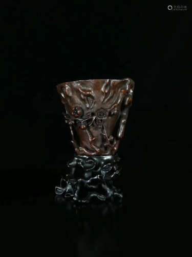 17-19TH CENTURY, A PLUM PATTERN BAMBOO CARVING CUP, QING DYNASTY