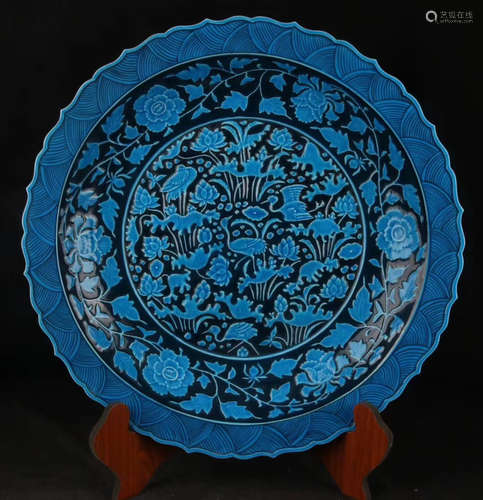 A FLORAL&BIRD PATTERN SUNFLOWER DESIGN BLUE GLAZED PLATE