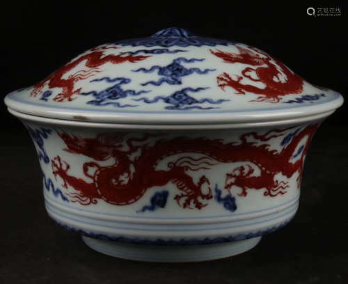 A BLUE&WHITE DRAGON PATTERN UNDERGLAZE RED COVERED BOWL