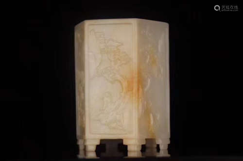 19TH CENTURY, A STORY DESIGN HETIAN JADE BRUSH HOLDER, LATE QING DYNASTY