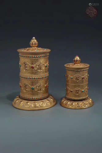 17-19TH CENTURY, A SET OF GILT BRONZE PRAYER WHEELS, QING DYNASTY