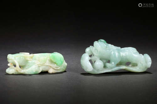 TWO 'MYTHICAL BEAST' JADEITE CARVINGS
