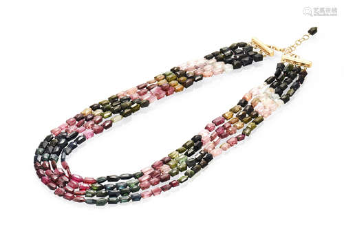 14K YG TOURMALINE BEAD FOUR-STRAND NECKLACE