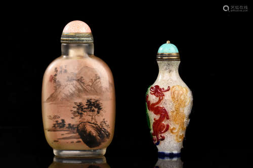 INSIDE PAINTED GLASS SNUFF BOTTLE AND FIVE COLOR OVERLAY GLASS SNUFF BOTTLE