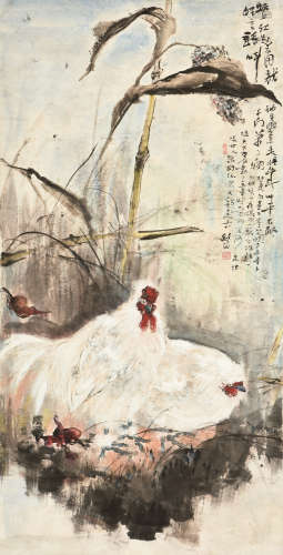 GAO JIANFU: INK AND COLOR ON PAPER PAINTING 'CHICKENS'