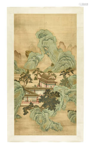 QIU YING: INK AND COLOR ON SILK PAINTING 'MOUNTAIN SCENERY'