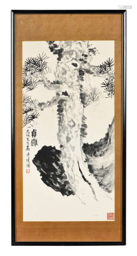 BO WU: FRAMED INK ON PAPER PAINTING 'PINE TREE'