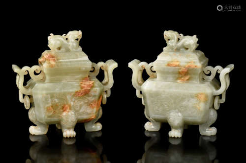 PAIR OF JADE CARVED 'MYTHICAL BEAST' CENSERS WITH LIDS
