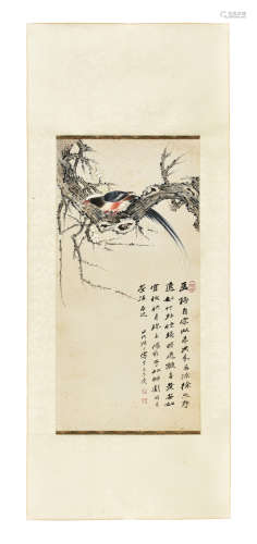 ZHANG DAQIAN: INK AND COLOR ON PAPER PAINTING 'BIRD AND FLOWERS'